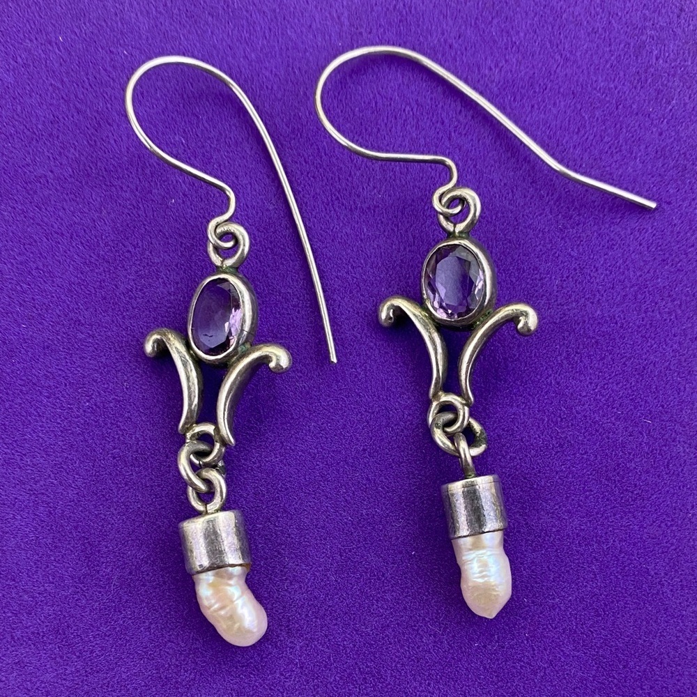 💛 Vintage Sterling Silver Amethyst Pearl Drop Earrings | Statement Jewelry